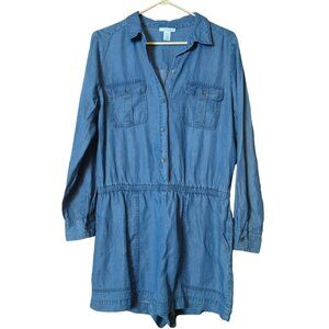 Daily Ritual Women's Size 10/14/42 Long Sleeve Button Romper Shorts Jumpsuit